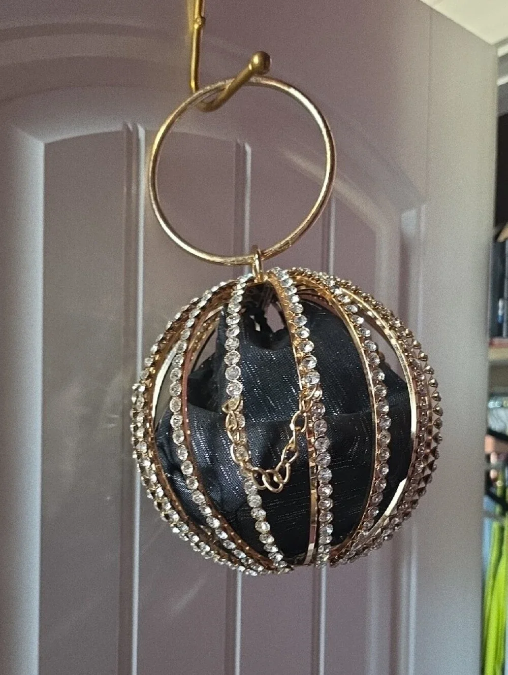 Gold Rhinestone Orb Clutch with Black Fabric Insert